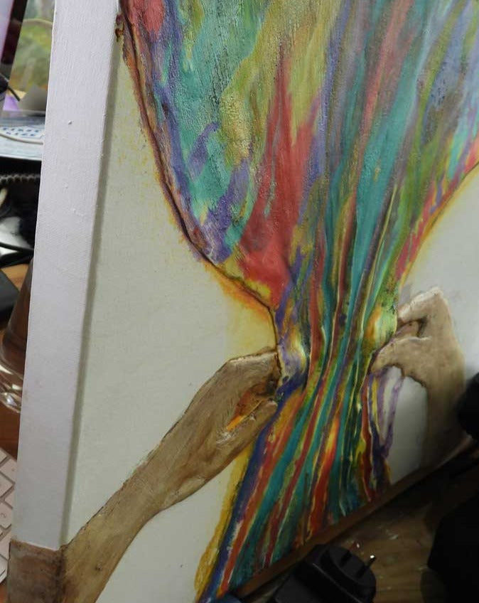 Unique 3D Artwork: The Dyer - Sculpted Hands on Canvas by Tracey Murrell
