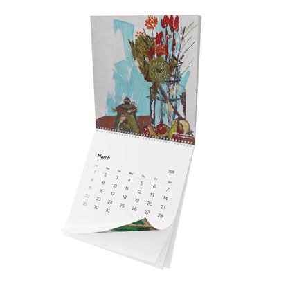 Calendar with a colorful illustration of a coffee pot and plants on a white background