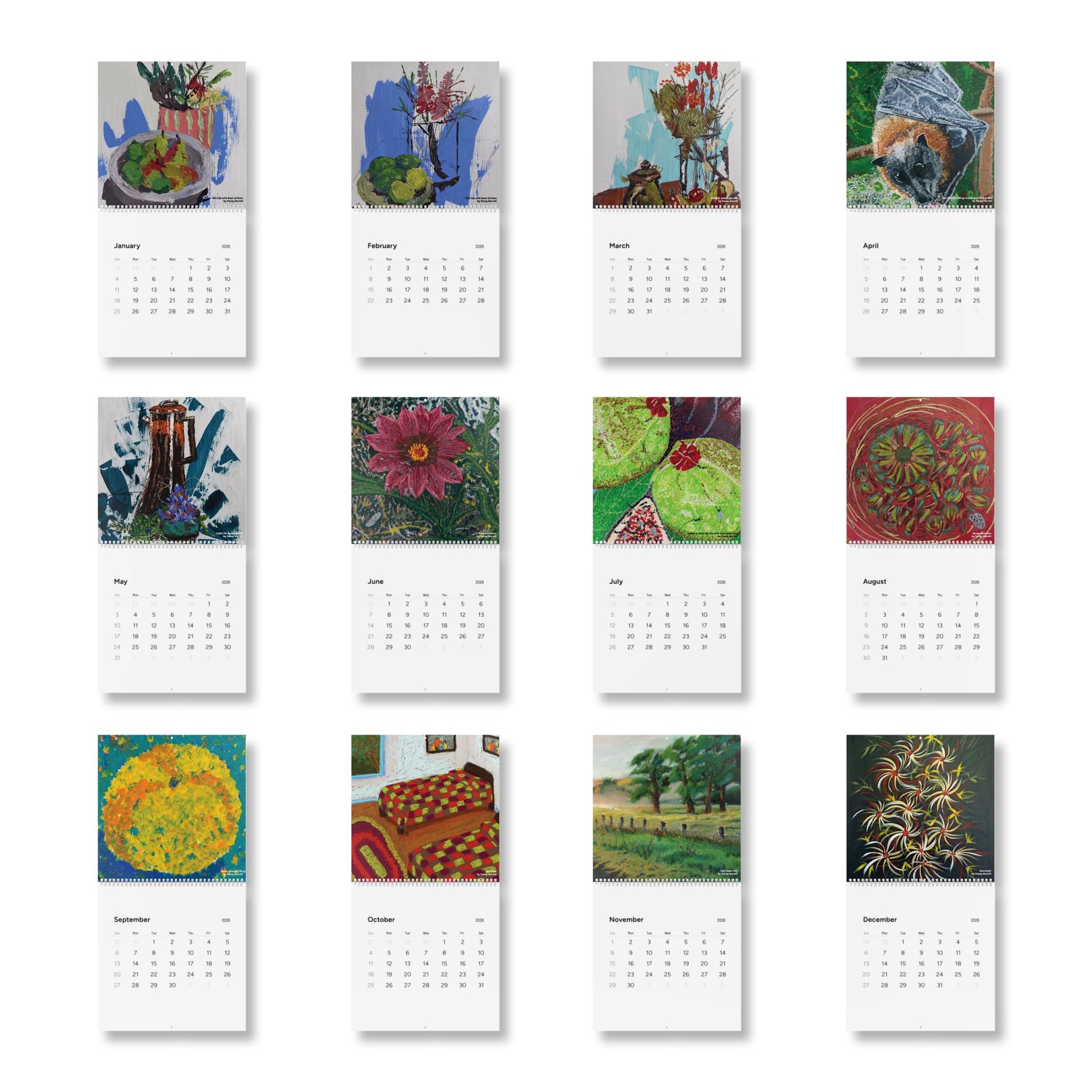 Set of 12 small calendars with colorful artistic designs on a white background