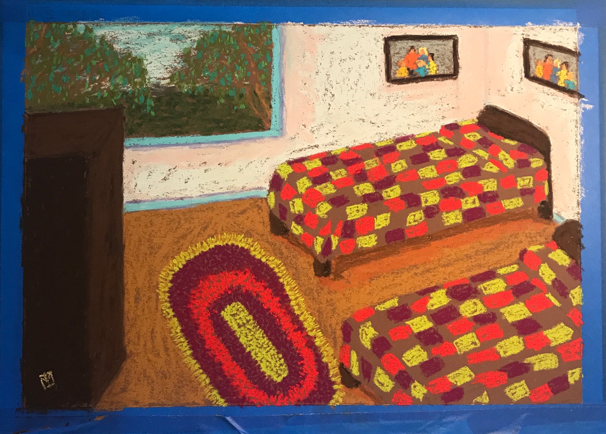 A artwork print featuring two beds with brightly colored crocheted bedspreads, a decorative rug, and framed pictures on the wall, looking out onto a garden.
