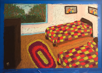 A artwork print featuring two beds with brightly colored crocheted bedspreads, a decorative rug, and framed pictures on the wall, looking out onto a garden.