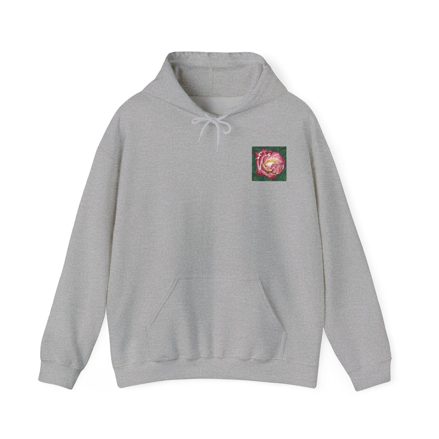 Gray hoodie with a small colorful logo on the chest against a white background