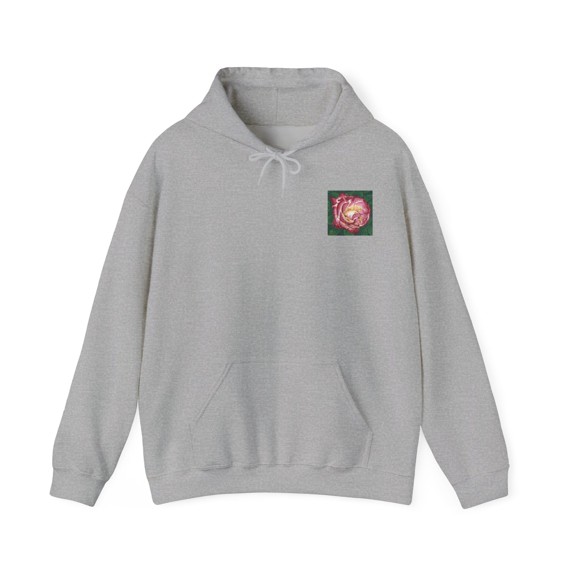 Gray hoodie with a small colorful logo on the chest against a white background