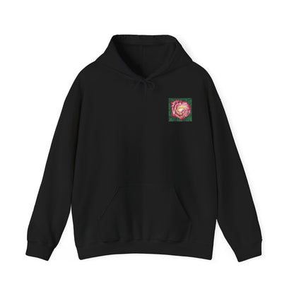 Black hoodie with a small colorful graphic on the chest against a white background