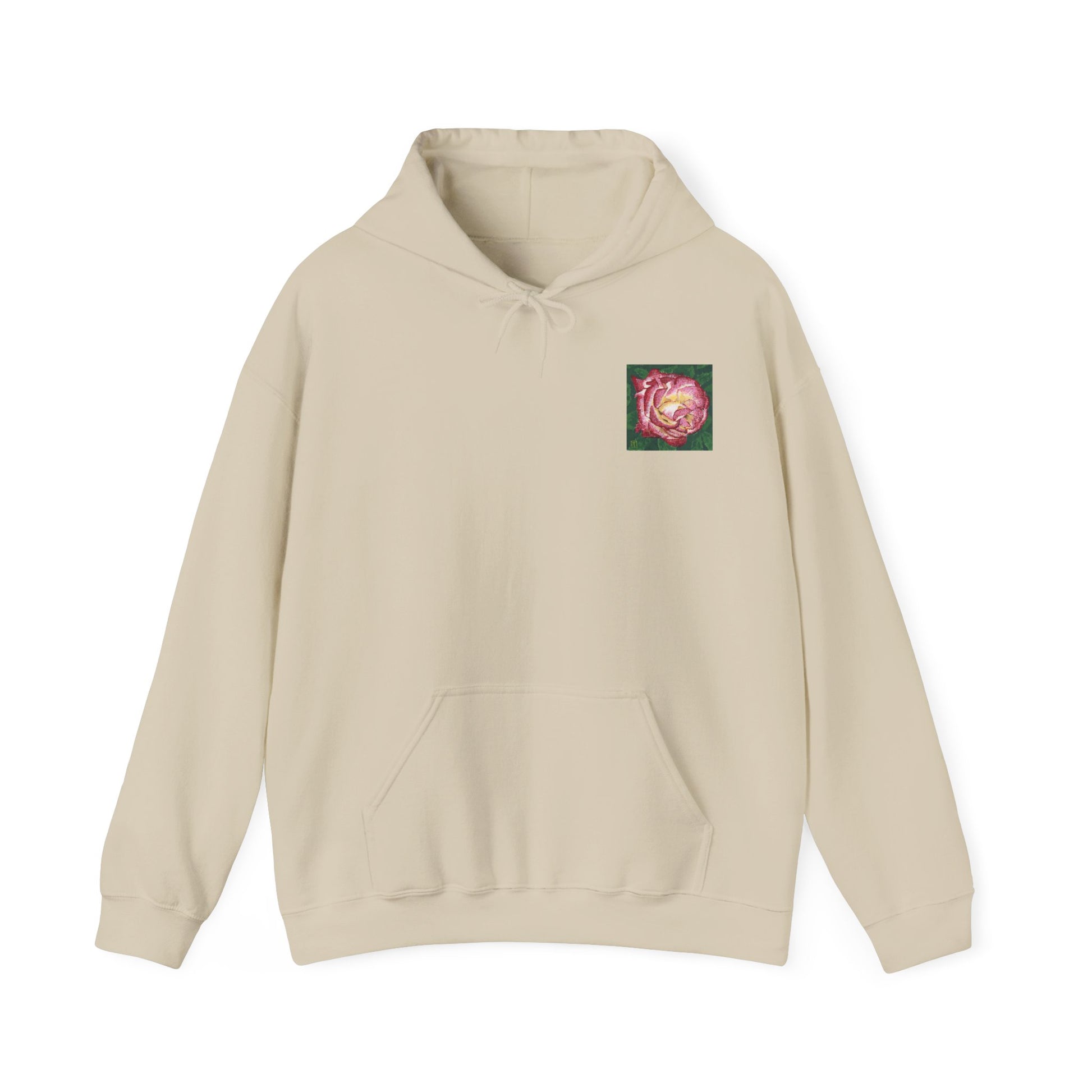 Beige hoodie with a small colorful logo on the chest against a white background