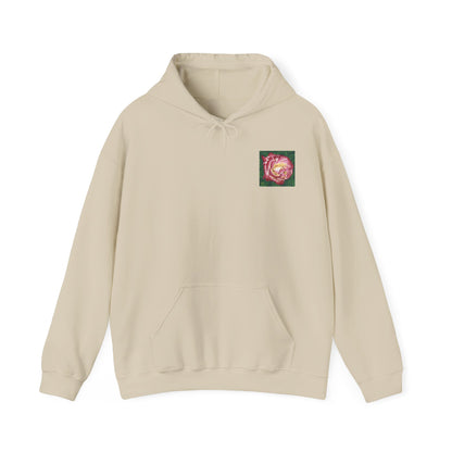 Beige hoodie with a small colorful logo on the chest against a white background