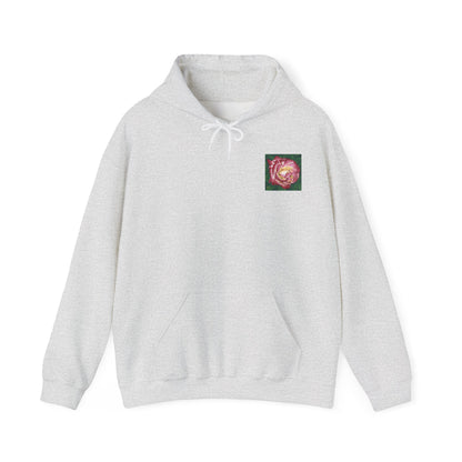 Gray hoodie with a small colorful logo on the chest against a white background