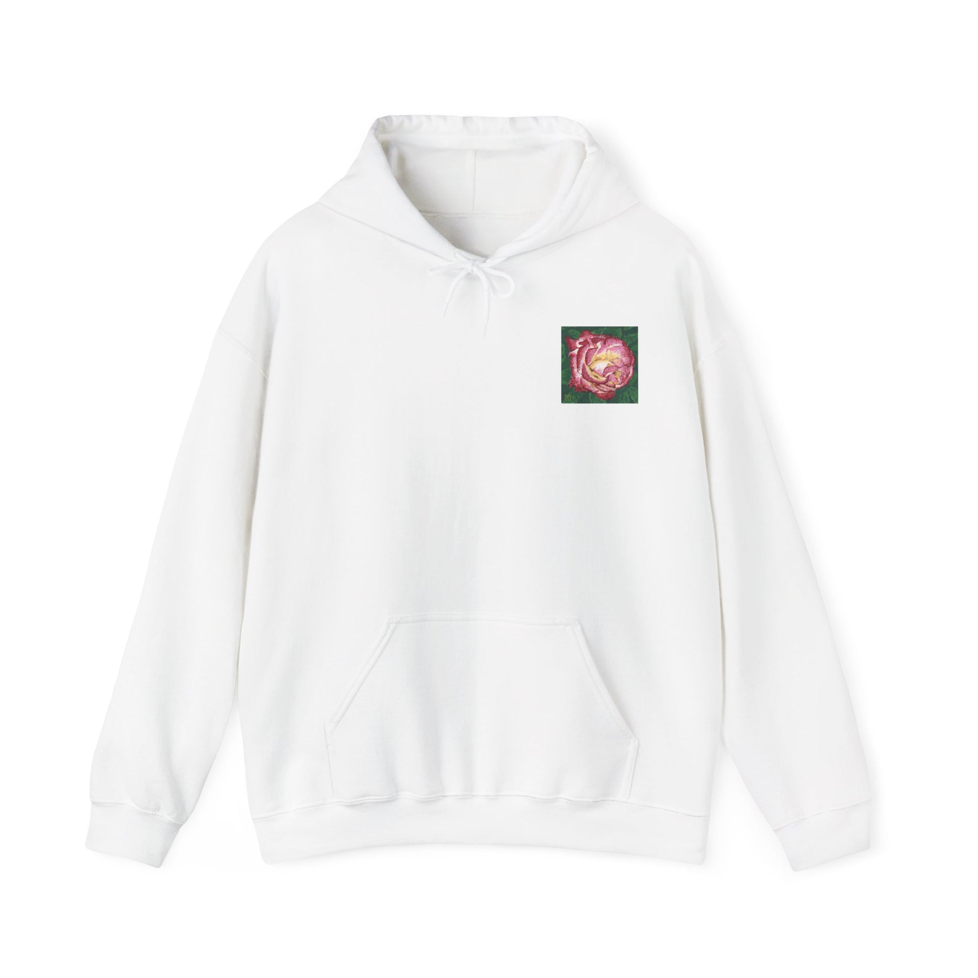 White hoodie with a small logo on the chest against a white background